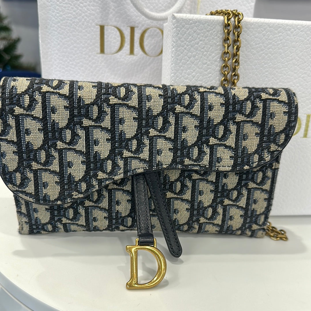 Long Saddle Wallet with Chain Cloud Blue Grained Calfskin  DIOR AU